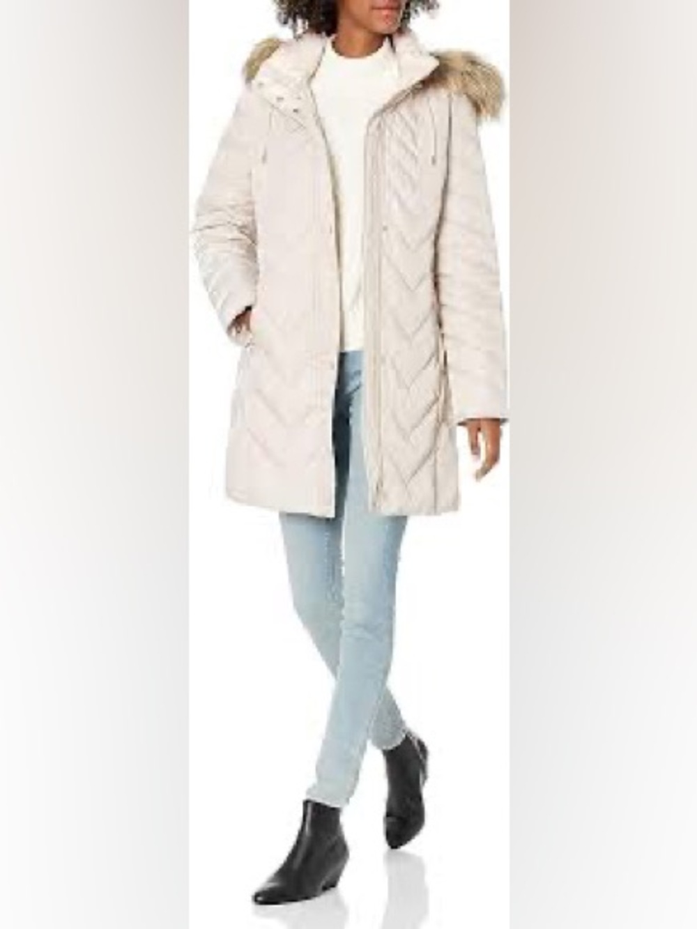 Marc New York Roxbury Cream Quilted Hooded Puffer Coat with Faux-Fur Trim